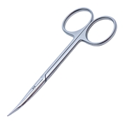 Stevens Tenotomy Scissors Curved  Ring Handle, Polished Finish On Curved Blades, Standard model, Blunt Tips, 30mm Mid Screw To Tip, And Overall Length Of 4 3/8" (112mm) With Precision Two Tone Finish Country Of Origin Germany 